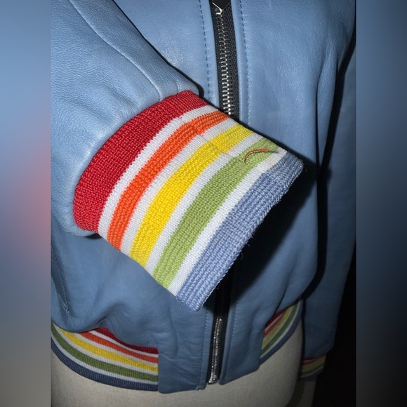 THE MIGHTY COMPANY Blue Bomber Jacket with Rainbow Stripe Trim - Picture 6 of 9